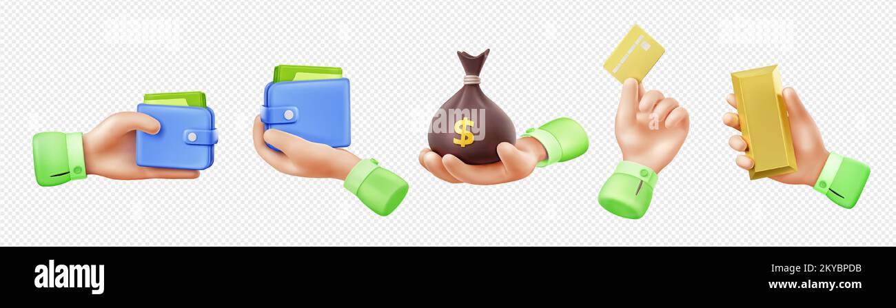 3d render hand with money isolated set. Concept of payment, richness with businessman palms holding wallet, card, sack and gold ingot, vector Illustration in cartoon plastic style on white background Stock Vector