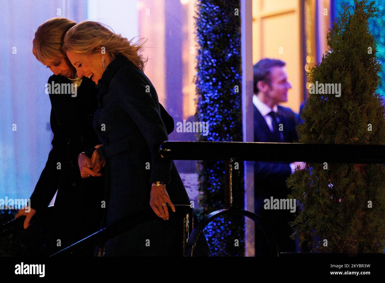 Washington, DC, USA. 30th Nov, 2022. First Lady Dr.Jill Biden and Brigitte Macron, wife of French President Emmanuel Macron, depart after dining at the restaurant Fiola Mare, in Washington, DC, US, on Wednesday, Nov. 30, 2022. Biden will welcome French President Emmanuel Macron for the first White House state dinner in more than three years on Thursday, setting aside recent tensions with Paris over defense and trade issues to celebrate the oldest US alliance. Credit: Ting Shen/Pool via CNP/dpa/Alamy Live News Stock Photo