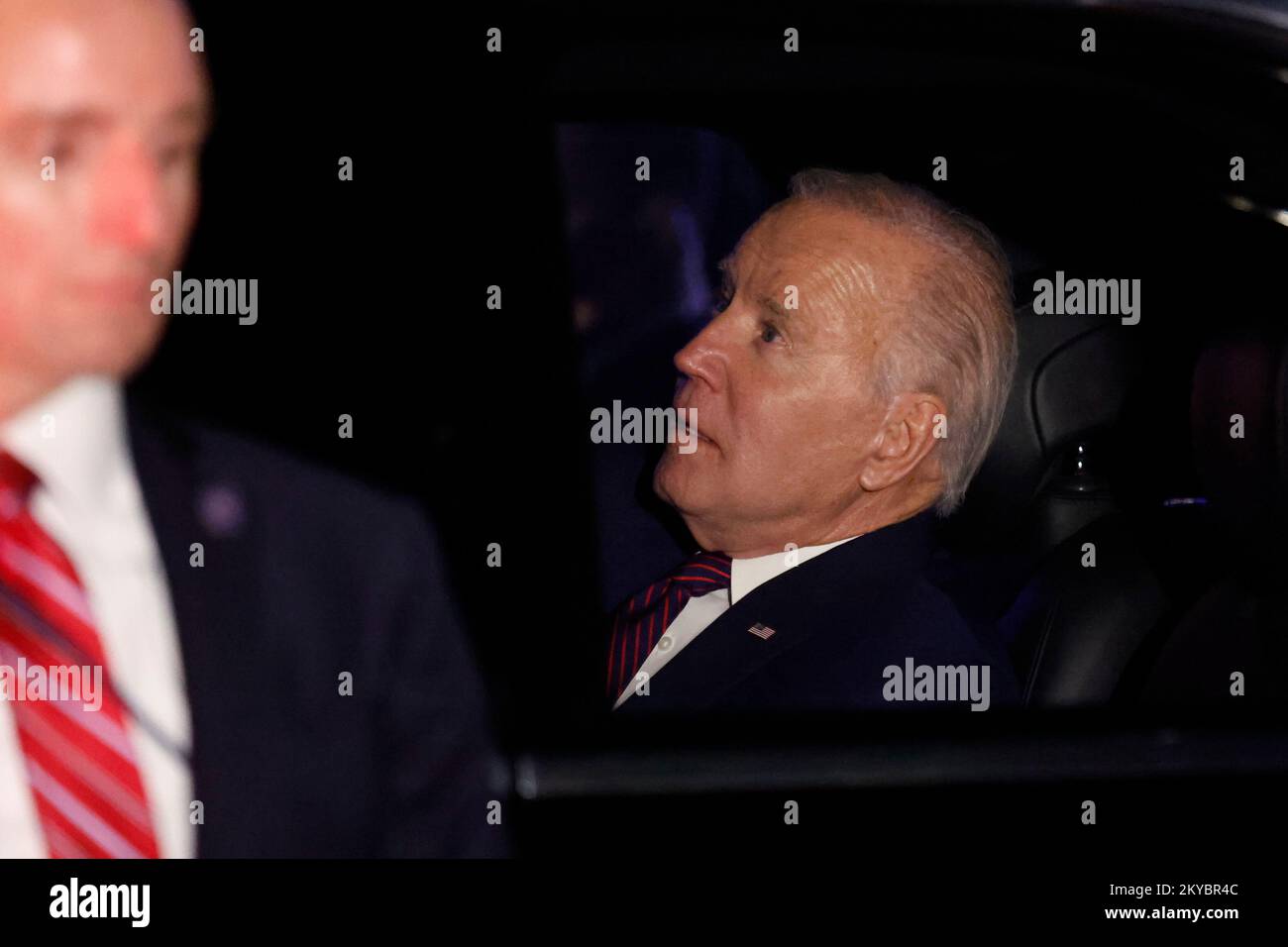 Washington, DC, USA. 30th Nov, 2022. United States President Joe Biden departs after dining at the restaurant Fiola Mare with French President Emmanuel Macron, in Washington, DC, US, on Wednesday, Nov. 30, 2022. Biden will welcome French President Macron for the first White House state dinner in more than three years on Thursday, setting aside recent tensions with Paris over defense and trade issues to celebrate the oldest US alliance. Credit: Ting Shen/Pool via CNP/dpa/Alamy Live News Stock Photo