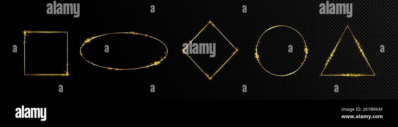 Frames, luminous gold circle, oval, rhombus, square and triangle golden borders with shiny sparkles, glitter or fairy dust. Isolated glowing design elements, Realistic 3d vector illustration, set Stock Vector