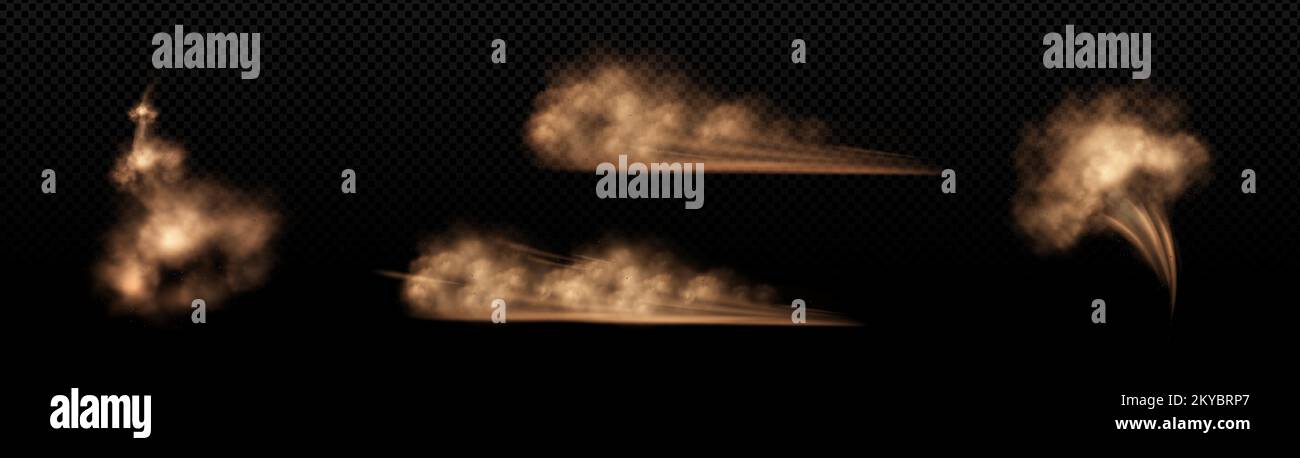 Sand clouds, car, sandstorm or dust dirty brown smoke trails. Heavy thick smog with motes and soil particles, speed effect. Isolated thunderstorm, rocket take off, explosion, Realistic 3d vector set Stock Vector