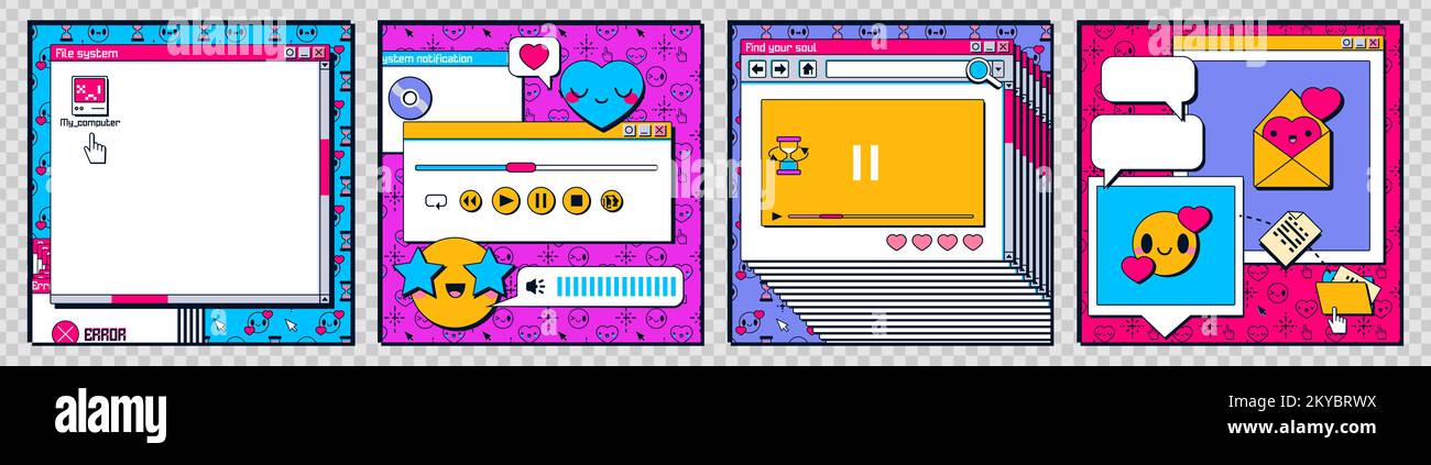 Retro desktop computer interface with windows, folders, music player and smiling icons. Social media posts template in y2k style with old pc screen elements, vector cartoon set Stock Vector