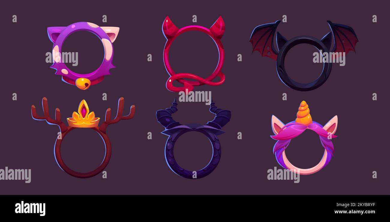 Round game avatar frames set. Cartoon vector illustration of cute borders with fantasy animal characters design. Blank circles decorated with cat ears, devil, unicorn, deer and witch horns, bat wings Stock Vector