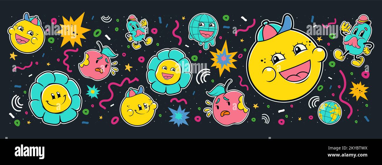 Abstract background with trendy retro stickers, lines and shapes. Vector poster with contemporary comic patches with emoji, apple and flowers on black background Stock Vector
