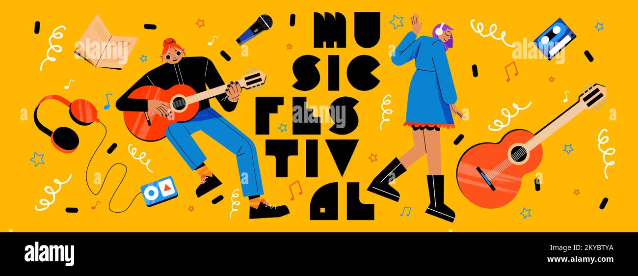 Music festival poster with musician girl with guitar, microphone, mixtape cassette player and headphones, cartoon illustration. Vector banner of concert, musical show or festival Stock Vector