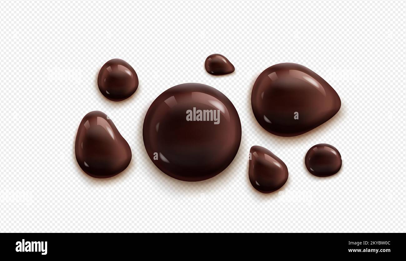 Chocolate drops, dark brown liquid glossy ganache sauce or syrup blobs, melt smudges isolated on transparent background. Sweet choco spherical textured spots, design elements, Realistic 3d vector set Stock Vector