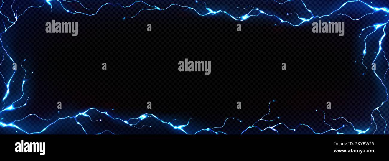 Lightning frame, thunder bolt effect background with blue electric strikes. Rectangular border with thunderbolt impact, crack, magical energy flash. electrical discharge, Realistic 3d vector bolts set Stock Vector
