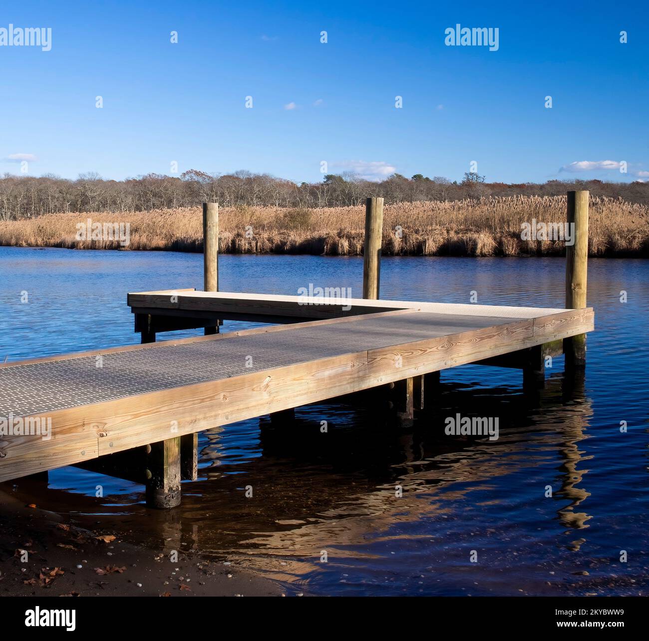 Wertheim National Wildlife Refuge, Long Island, New York. Wood dock on Carmans River, blue sky. Habitats of the refuge are a haven for wildlife, birds. Stock Photo