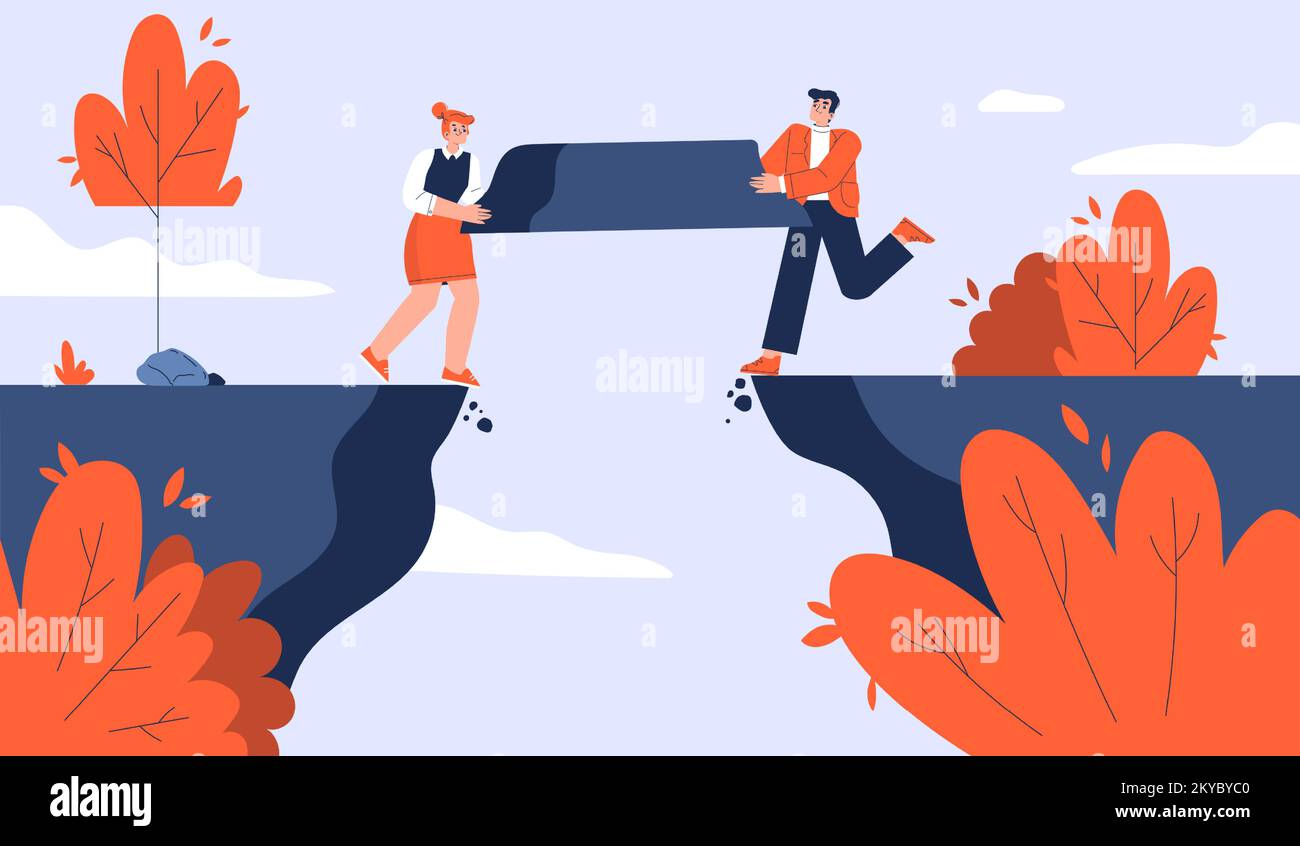 Team building bridge, business concept of cooperation, searching solution, strategy and partnership collaboration. Male and female characters trying connect rock edges, Linear flat vector illustration Stock Vector