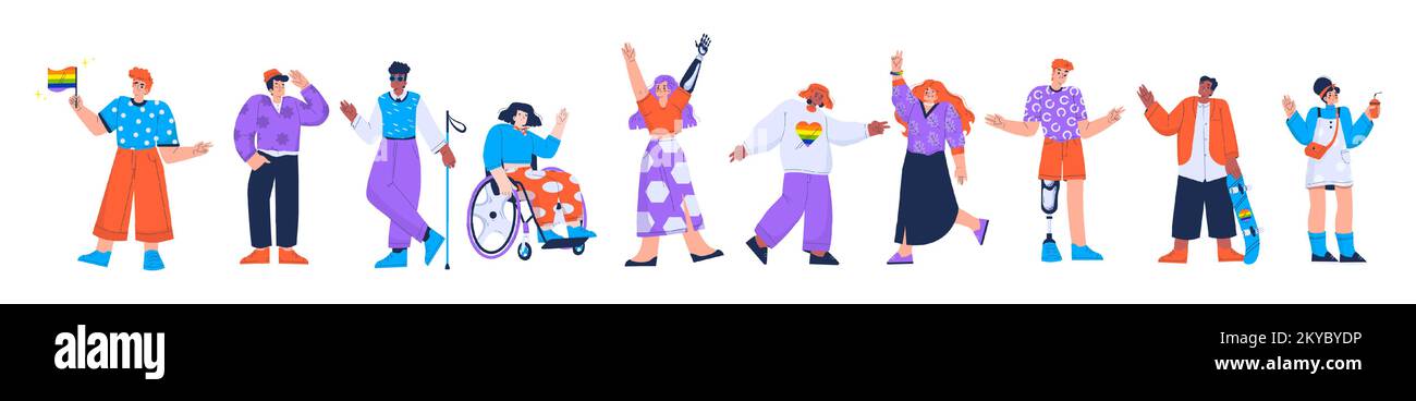Diverse people with disabilities, lgbt persons, multiracial group. Girl in wheelchair, man with prosthesis, blind man, people with rainbow flag isolated on white background, vector flat illustration Stock Vector