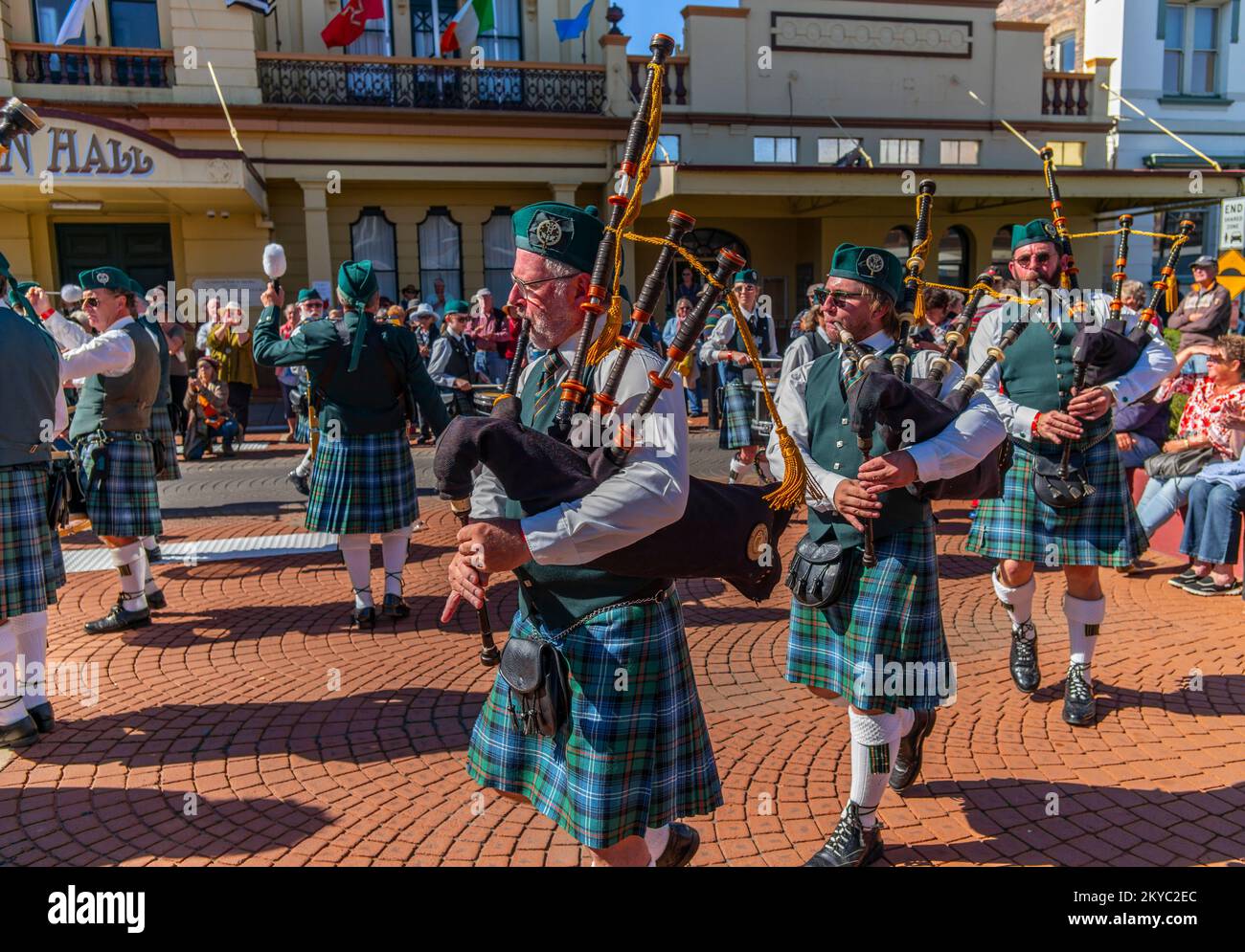 Pipe and drum bands performing at the Celtic festival and street parade