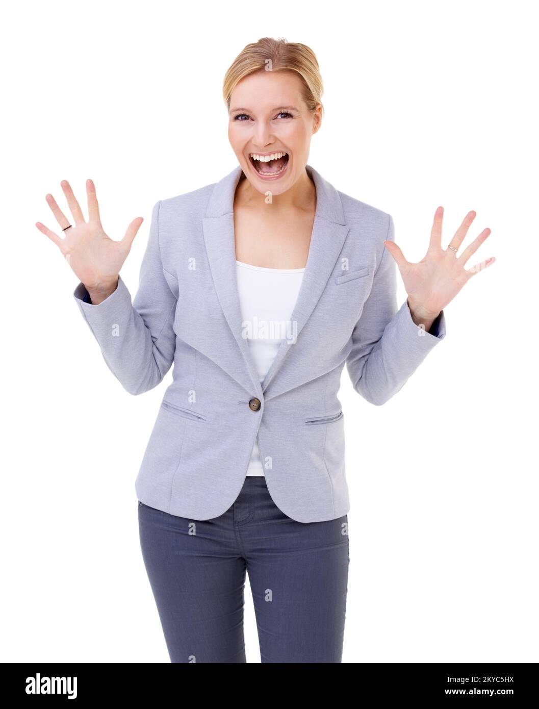 Excited woman raised hands hi-res stock photography and images - Alamy