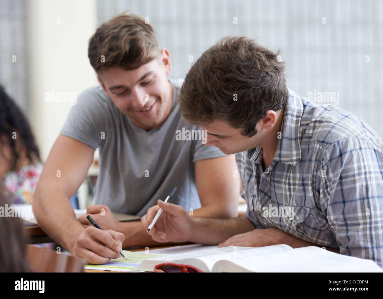 Comparing their assignment notes. a university students studying in class. Stock Photo