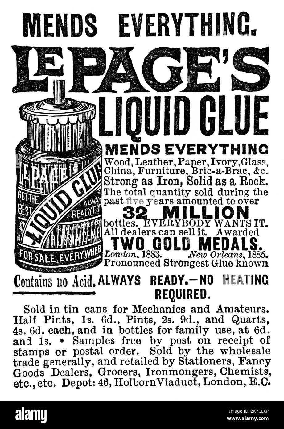 1887 British Victorian advertisement for Le Page's Liquid Glue. Stock Photo