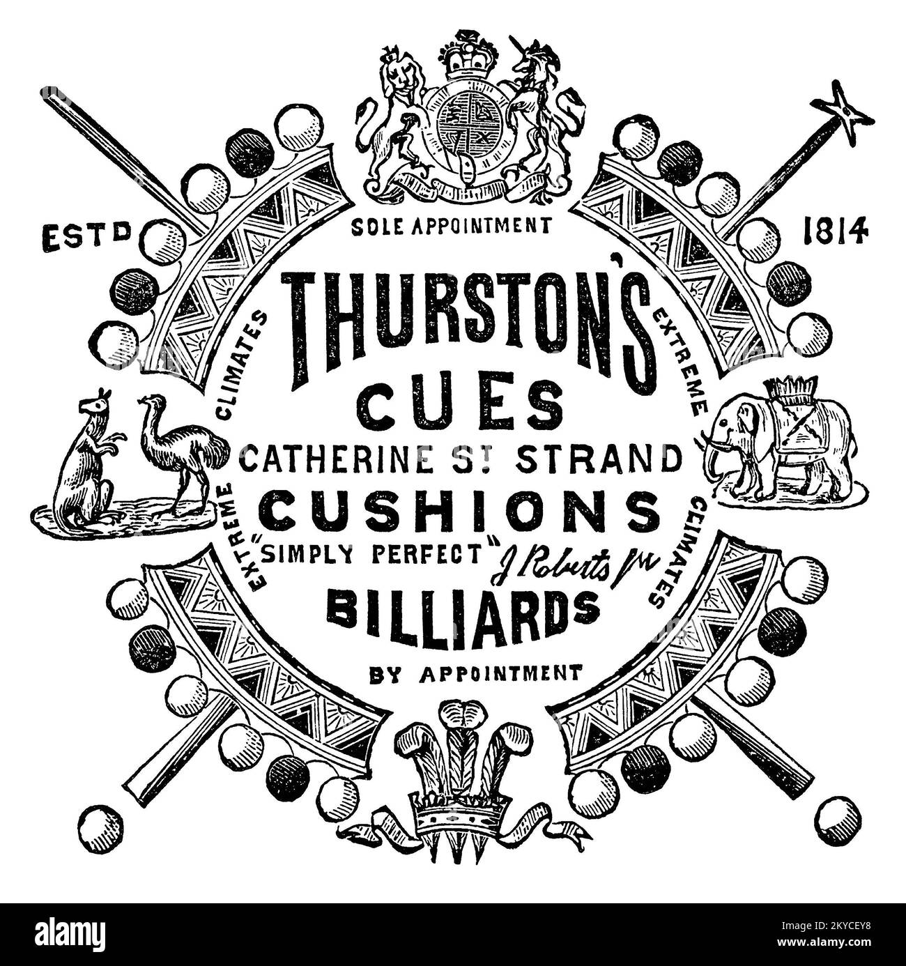 1887 British Victorian advertisement for Thurston's billiards cues. Stock Photo
