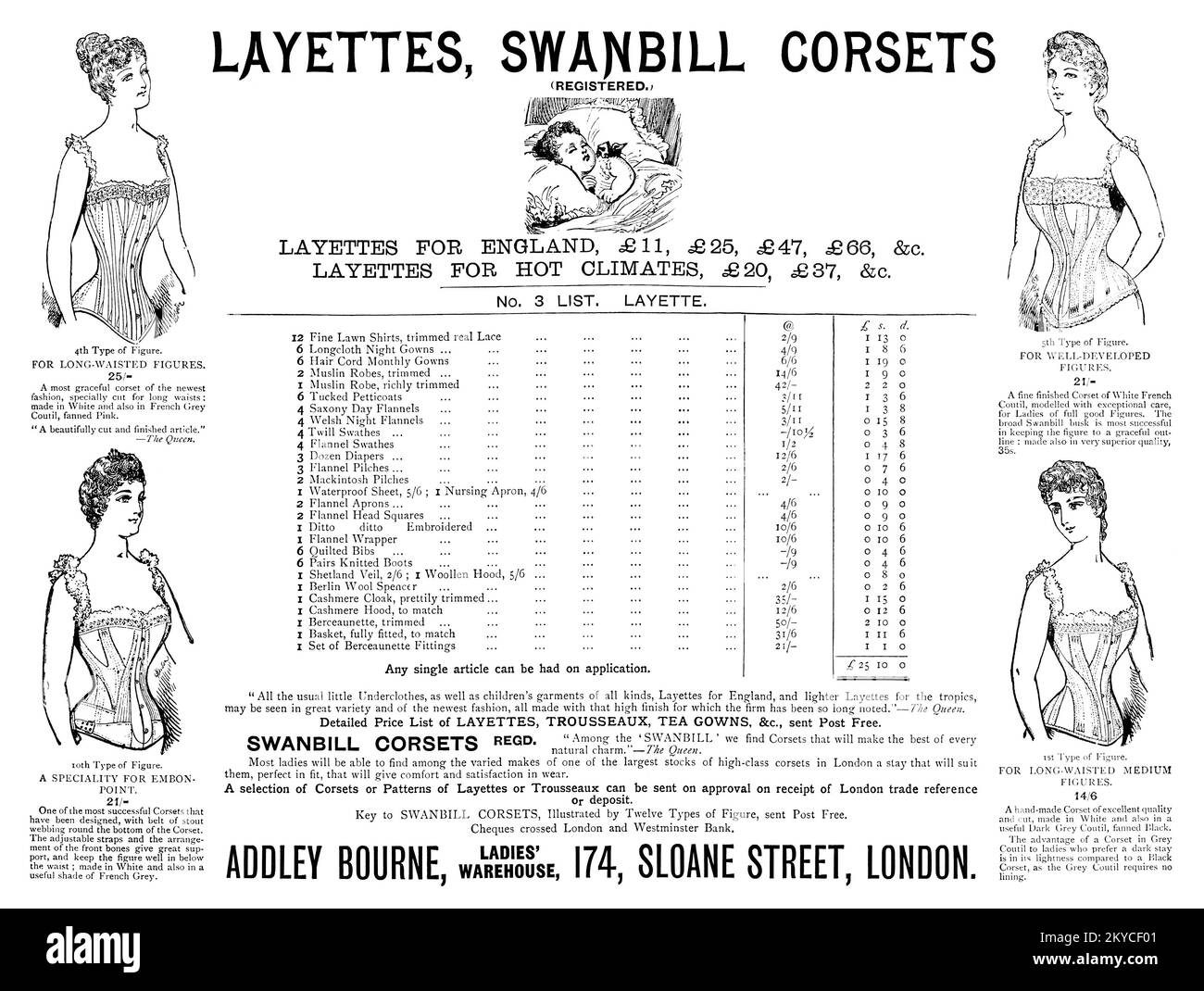 1892 Victorian British advertisement for layettes and corsets from Addley Bourne Ladies' Warehouse in London. Stock Photo