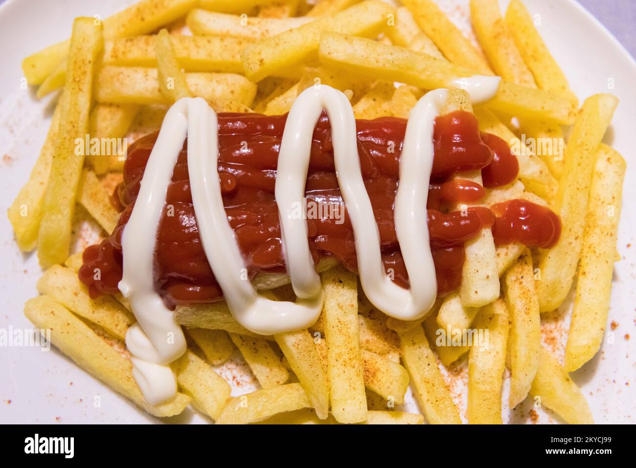 French fries with ketchup and mayonnaise, BadenWuerttemberg Stock