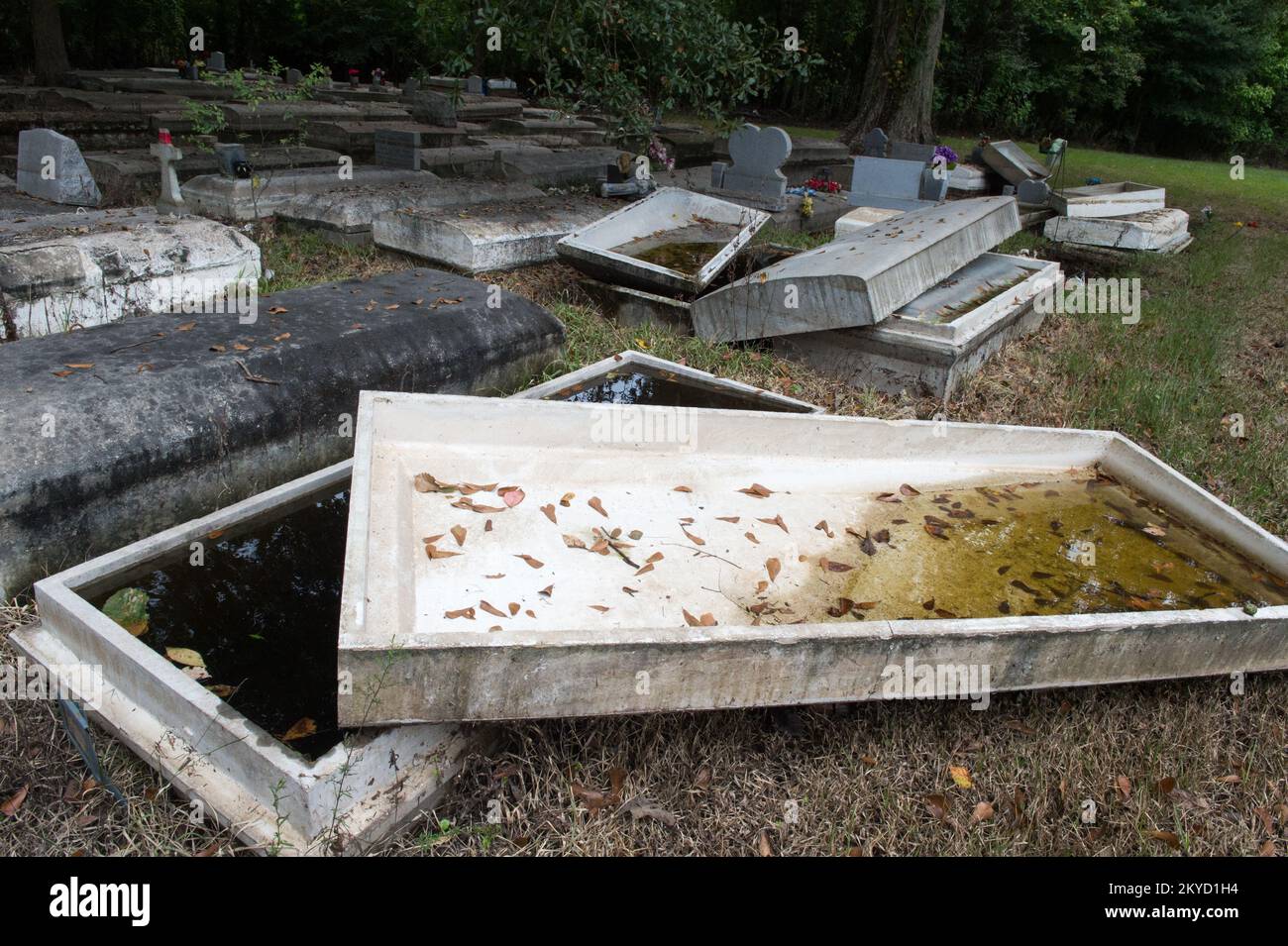 Aftermath of a cemetery innundated with floodwaters in Ascension Parish, La, where grave vaults were broken and covers dislodged, sending caskets floating away.. Louisiana Severe Storms and Flooding. Photographs Relating to Disasters and Emergency Management Programs, Activities, and Officials Stock Photo