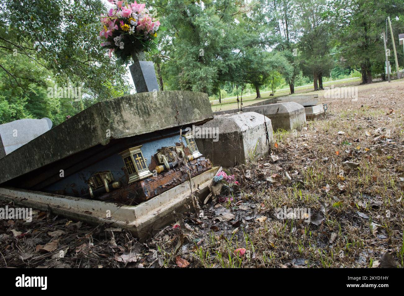 Casket halfemerged from a grave vault in an Ascension Parish cemetery