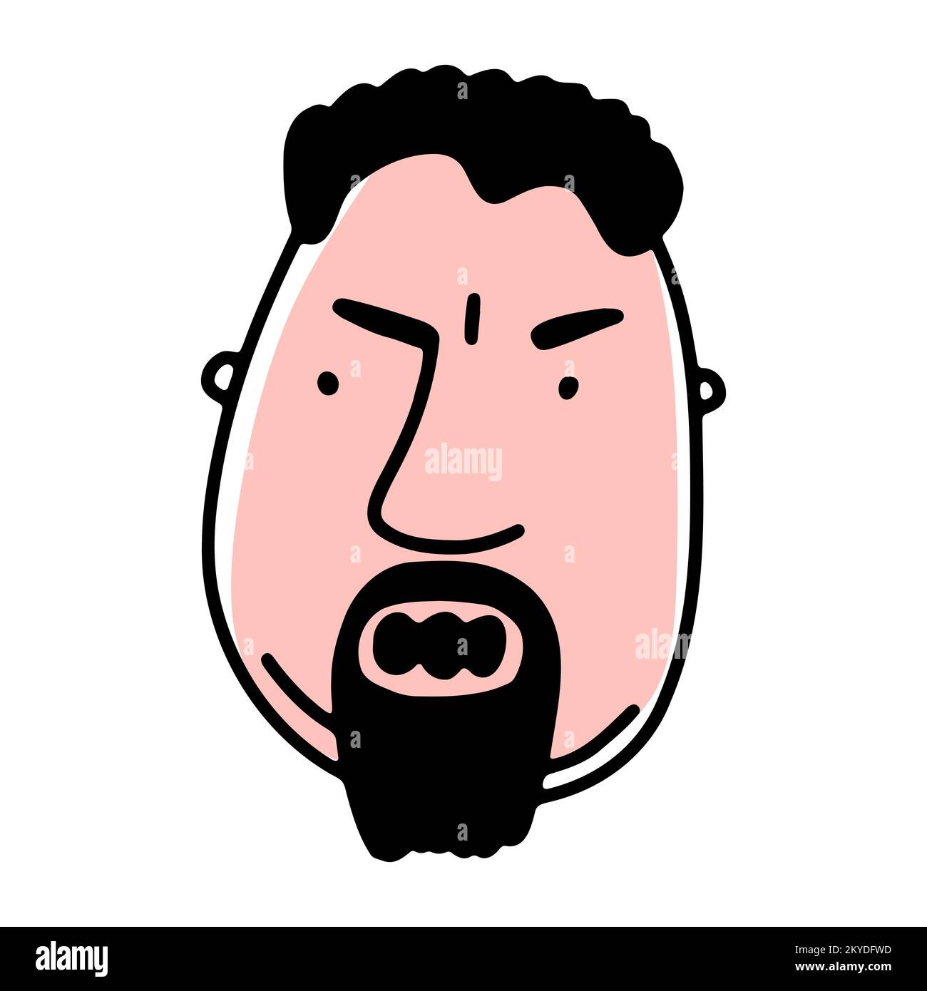 Doodle bearded Man screaming face. Hand-drawn wicked human isolated on white background. Evil Avatar. Cartoon angry man. Male cute portrait. Hairstyle Stock Vector