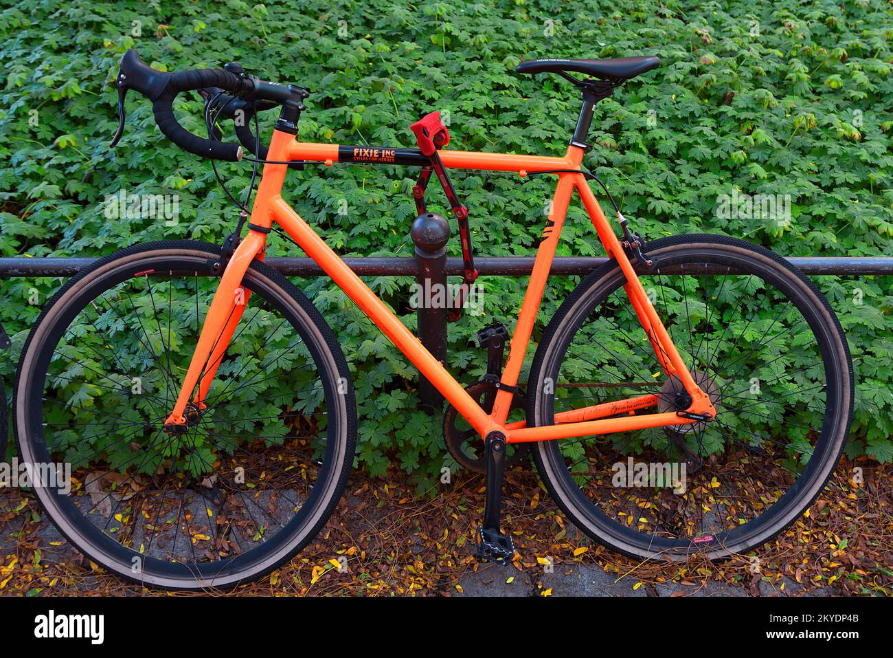 Red racing bike secured with a lock on the railing, Bavaria, Germany Stock Photo