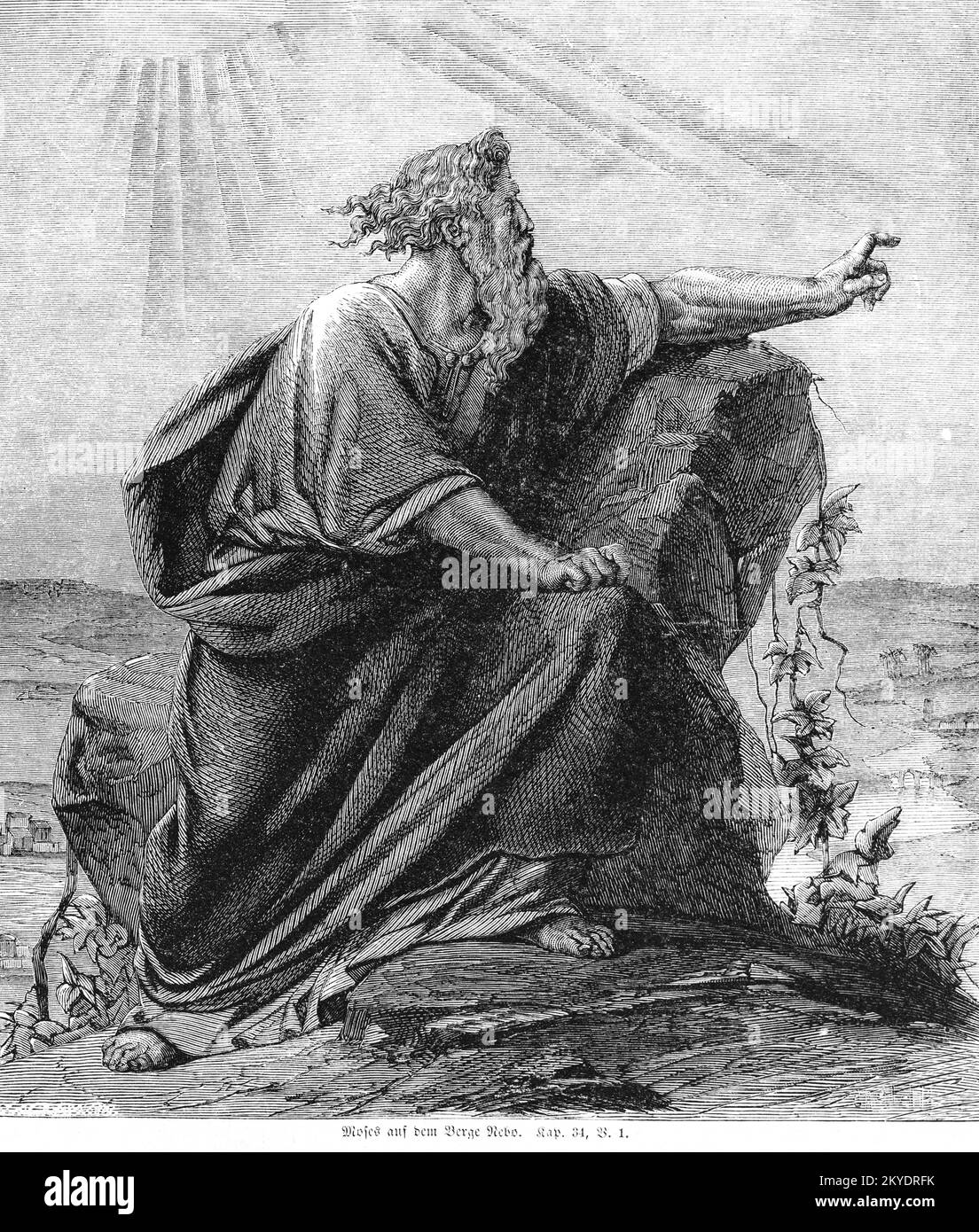 Moses on Mount Rebo, Moabite, walk, Piska, Jericho, Eilead, mountain top, sun, view, rock, Bible, Old Testament, 5th Book of Moses, Chapter 34, Verse Stock Photo