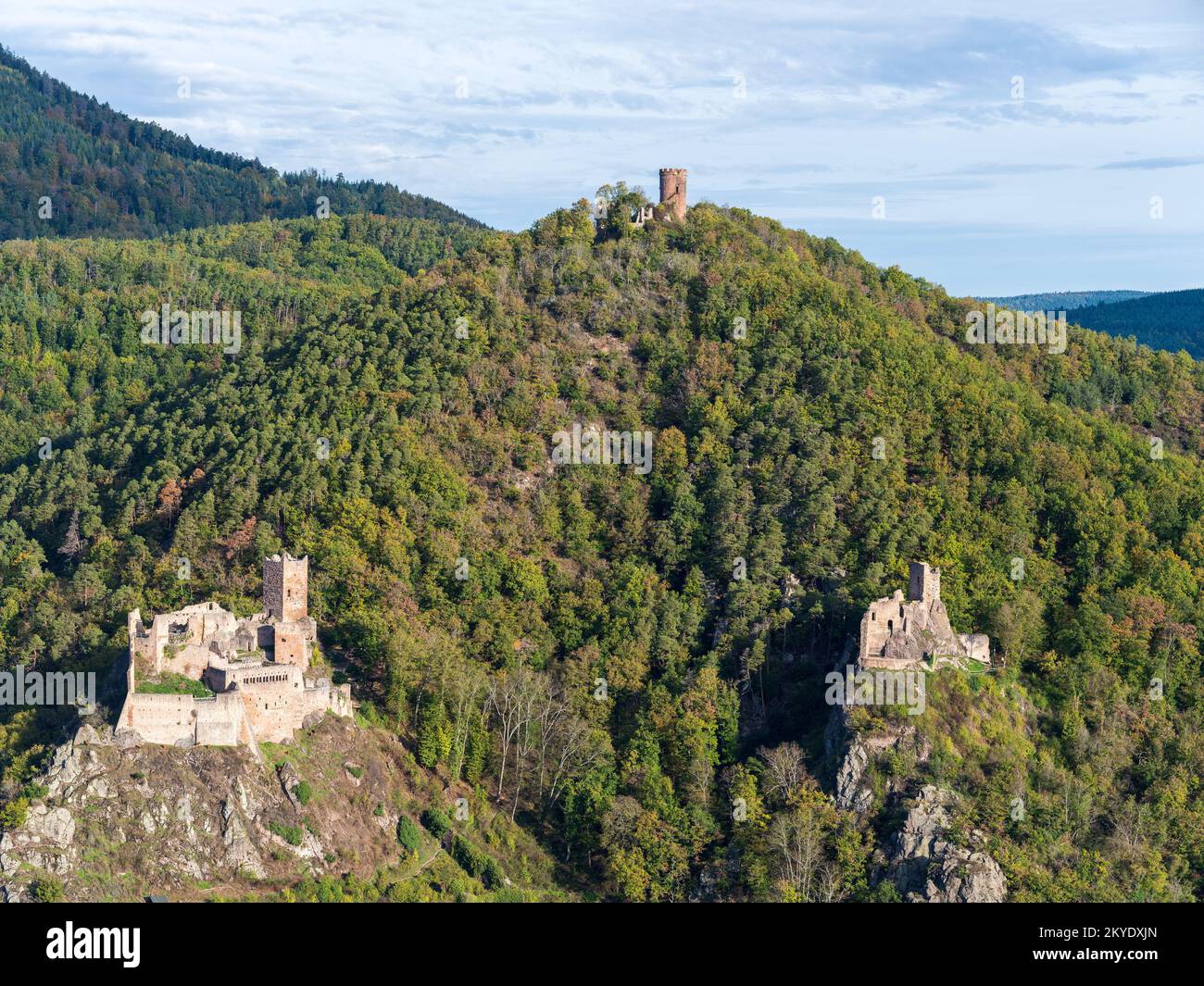 AERIAL VIEW. The Castles of Ribeauvillé; (left to right) Saint-Ulrich, Haut-Ribeaupierre and Girsberg. Haut-Rhin, Alsace, Grand Est, France. Stock Photo