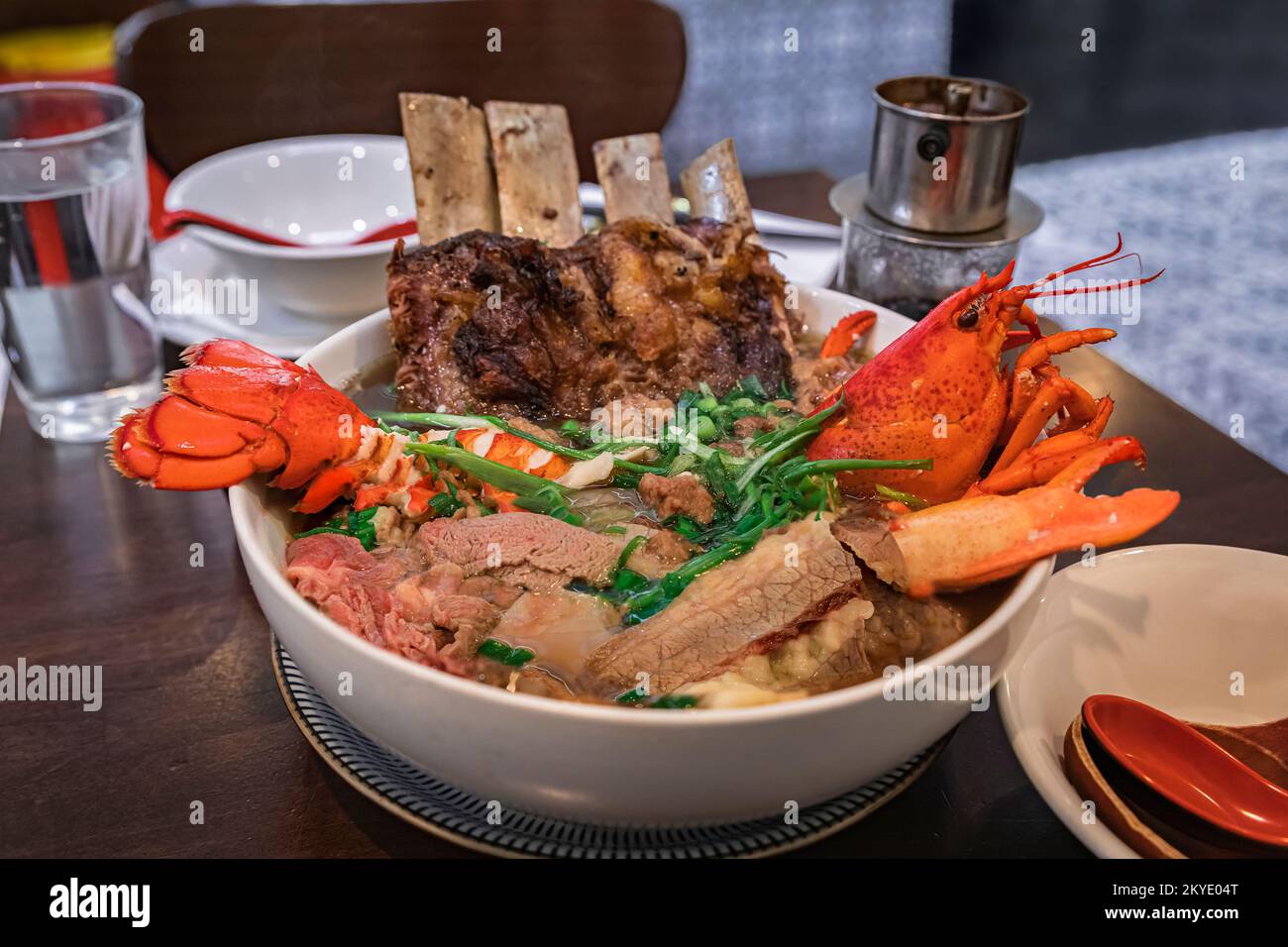 Gourmet exotic version of the Vietnamese pho soup with lobster, short