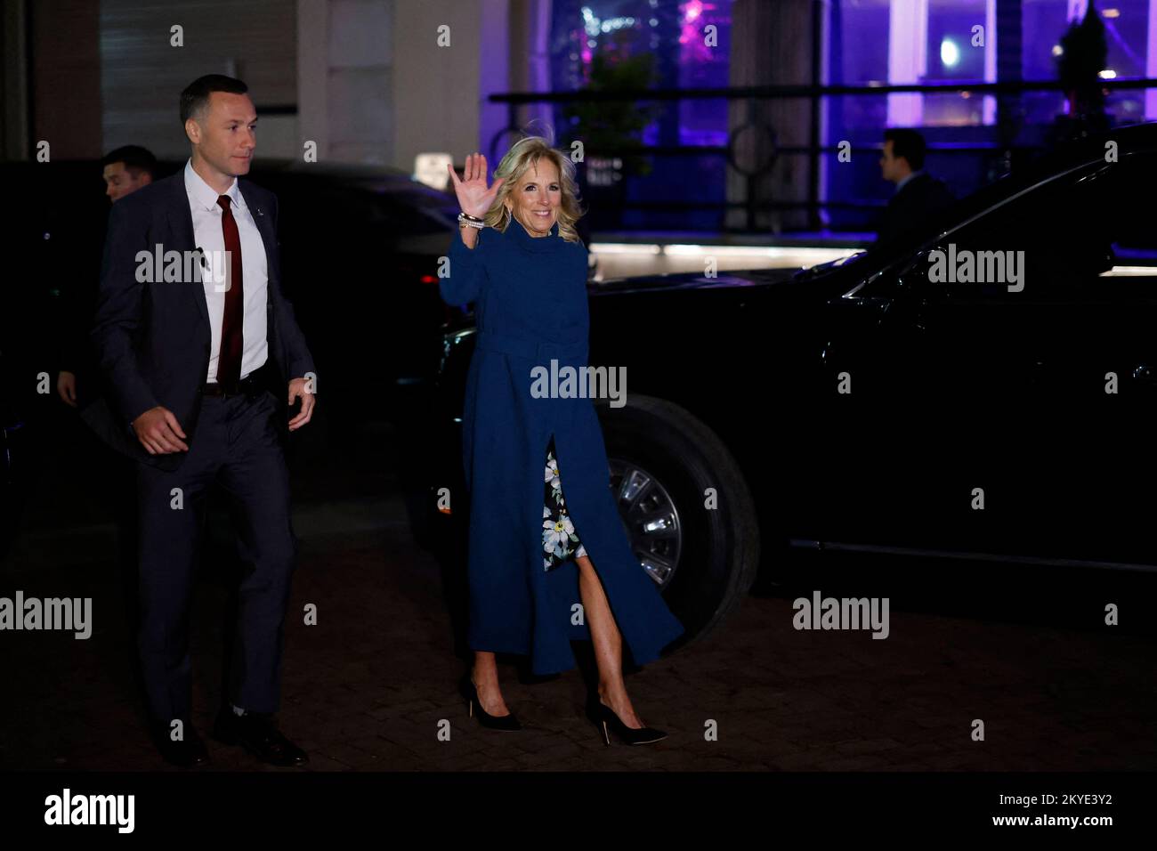 First Lady Jill Biden departs after dining at the restaurant Fiola Mare, in Washington, DC, US, on Wednesday, Nov. 30, 2022. Biden will welcome French President Macron for the first White House state dinner in more than three years on Thursday, setting aside recent tensions with Paris over defense and trade issues to celebrate the oldest US alliance. Photo by Ting Shen/Pool/ABACAPRESS.COM Stock Photo