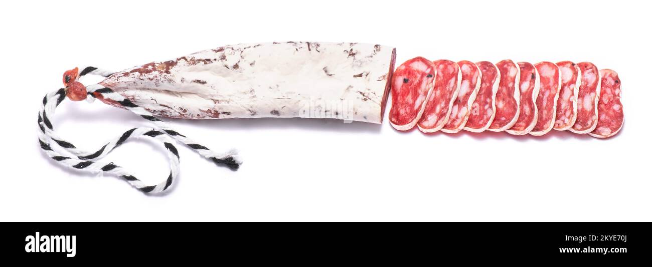 Spanish Fuet thin dried salami sausage isolated on a white background Stock Photo
