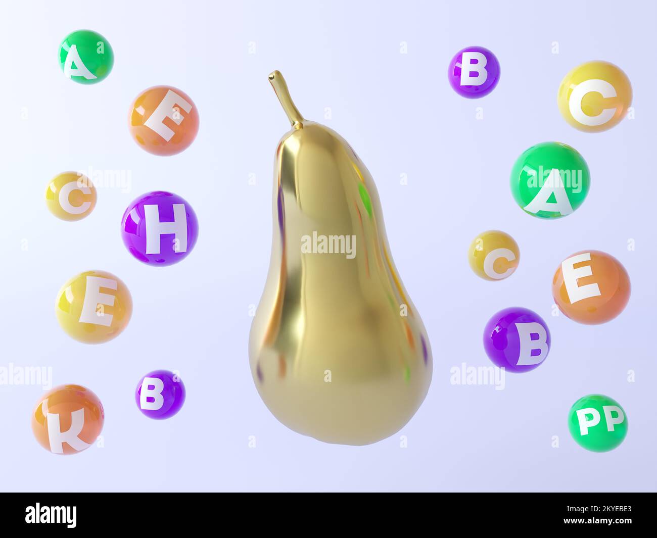 Pear infographics poster, Pear metal 3d illustration. Vitamins minerals