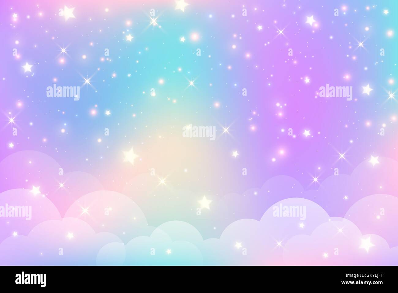Rainbow unicorn background with clouds and stars. Pastel color sky. Magical landscape, abstract fabulous pattern. Cute candy wallpaper. Vector. Stock Vector