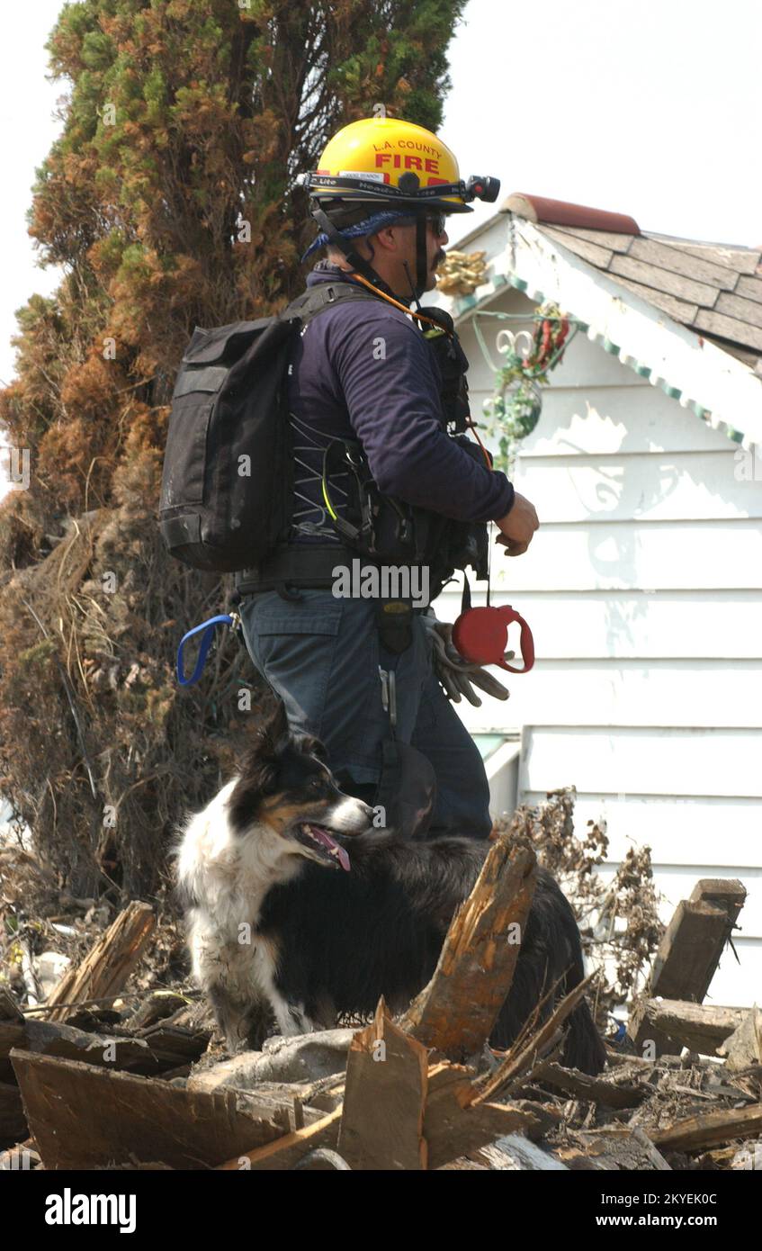 Hurricane Katrina, New Orleans, LA, September 19, 2005 -- A FEMA Urban Search and Rescue worker and his rescue dog search for residents trapped in collapsed houses in a neighborhood affected by Hurricane Katrina. Jocelyn Augustino/FEMA Stock Photo