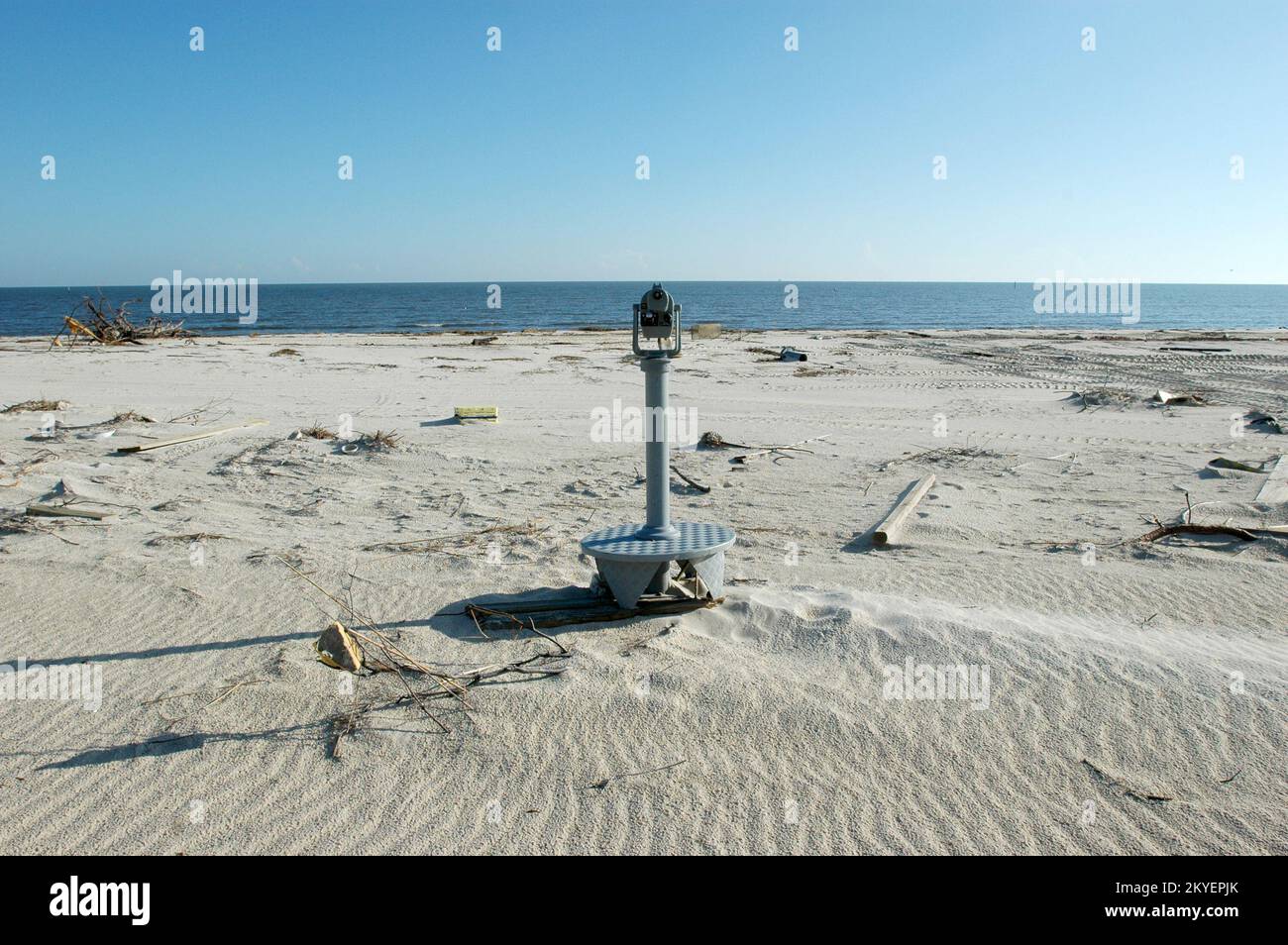 Hurricane Katrina, Gulfport, Miss., October 4, 2005 -- A lone telescope remains on the beach in Gulfport, Miss. Hurricane Katrina destroyed much of the Mississippi gulf coast. Stock Photo