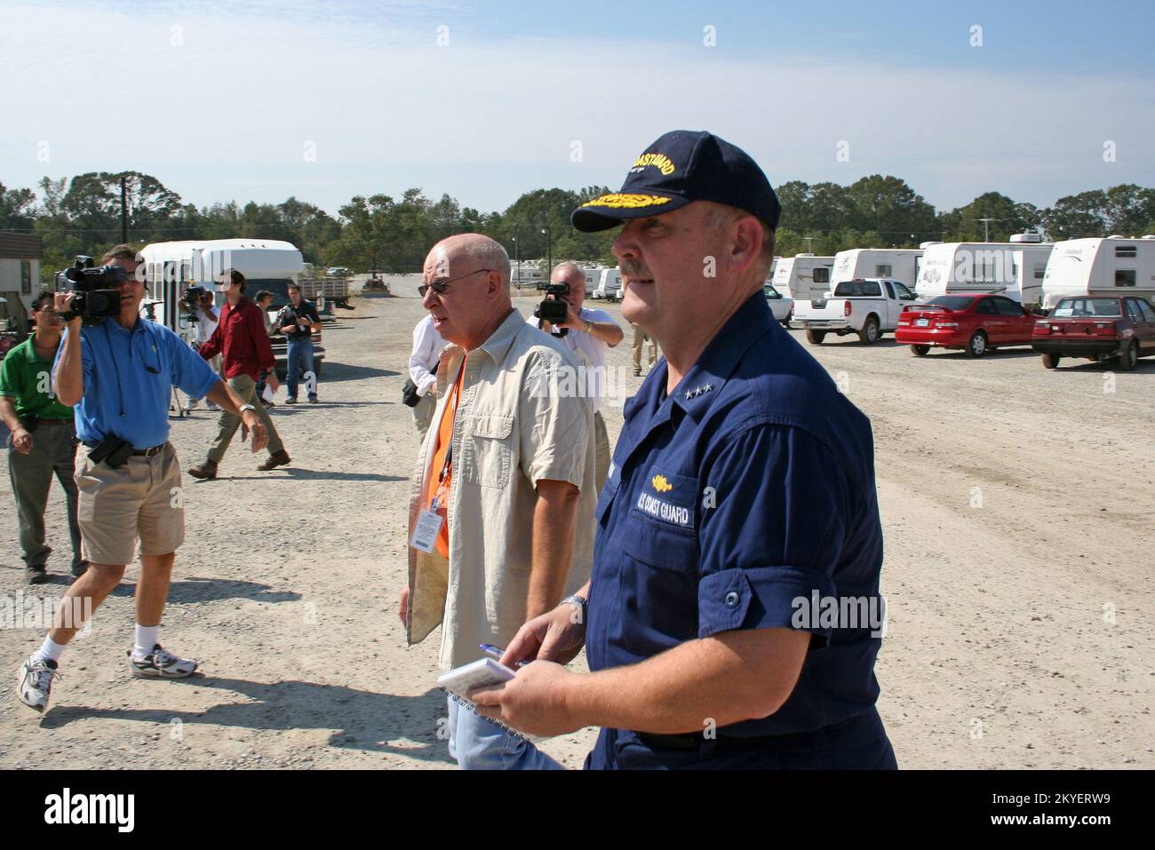 Hurricane Katrina/Hurricane Rita, Baker, LA October 8, 2005 - USCG Vice Admiral Thad Allen, Principal Federal Official for FEMA's Gulf Coast recovery efforts, toured the new 573-unit trailer park provided by FEMA as temporary housing for hurricane evacuees. Stock Photo