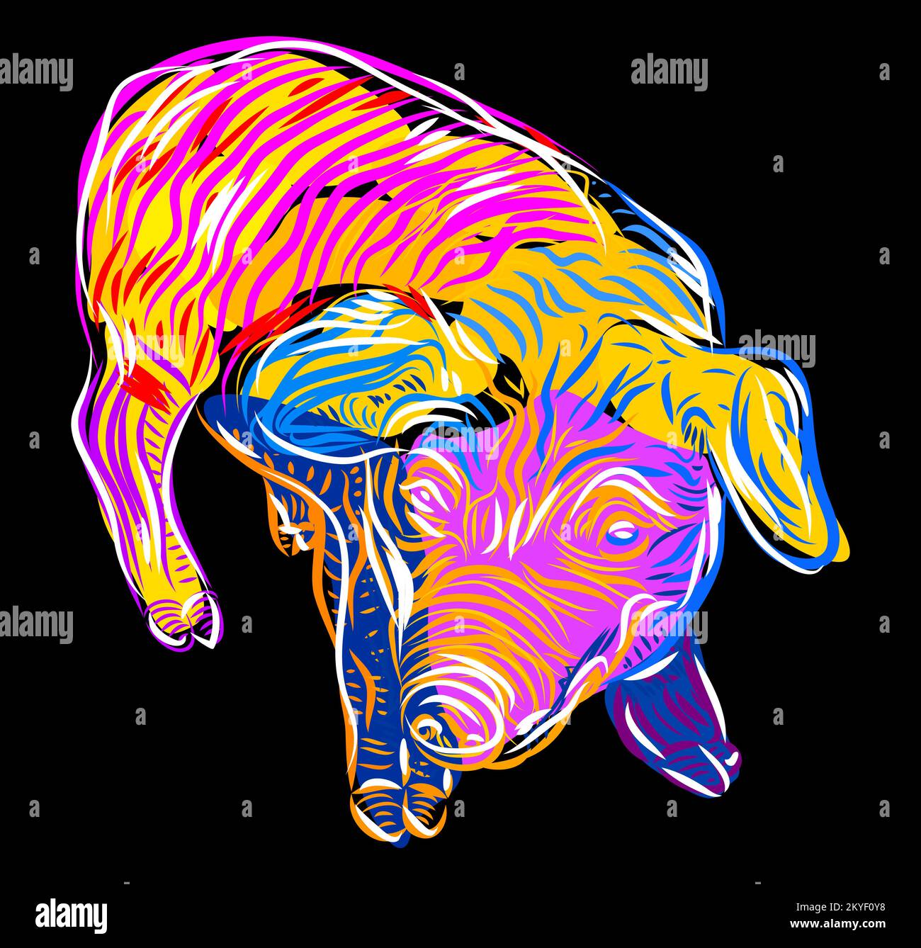Pig. Colorful Pork in graphic style, hand drawing abstract vector illustration with large strokes of paint. Stock Vector