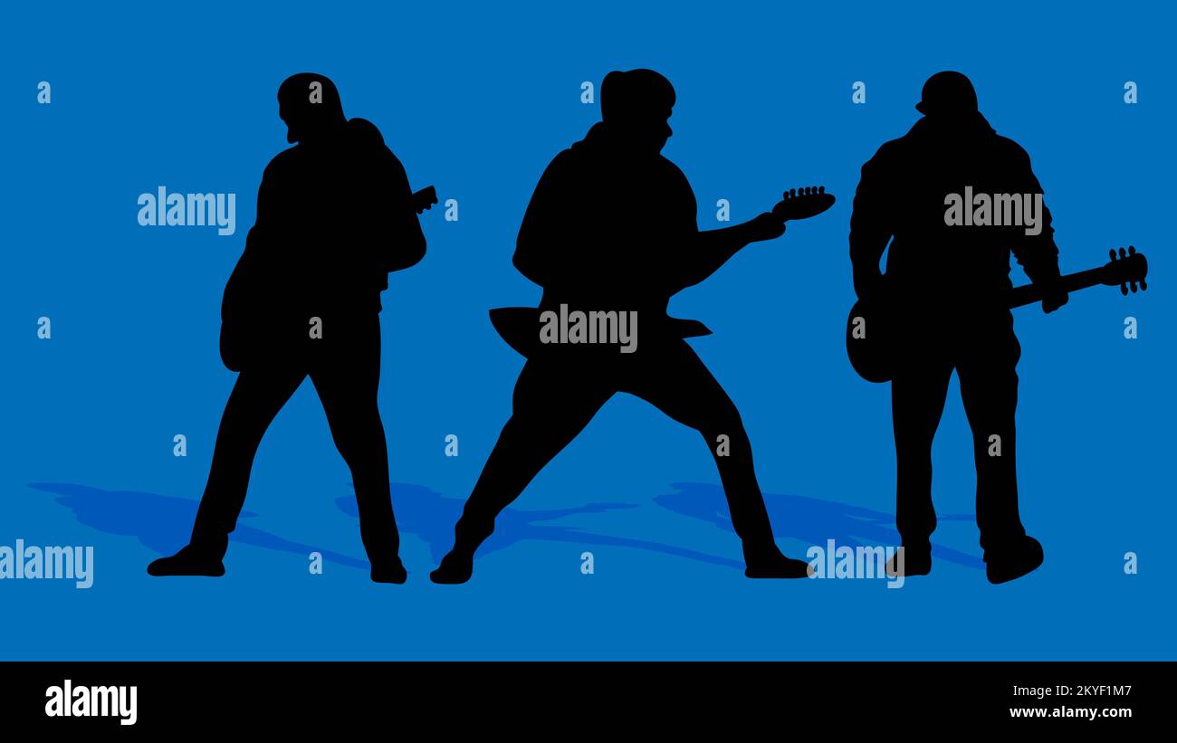 Shillouettes of guitarist playing the guitar. People on a Rock concert. Musician on Entertainment Event. Stock Vector