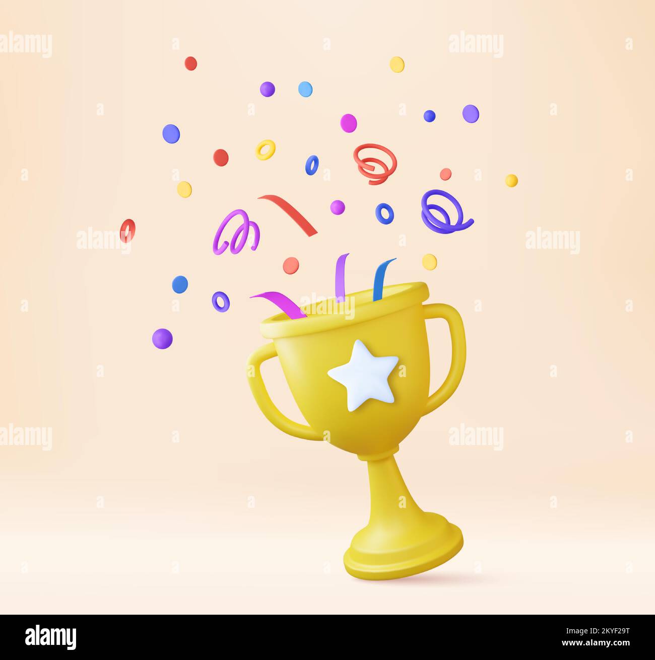 3d prize winner icon with golden cup, gold winners stars with objects