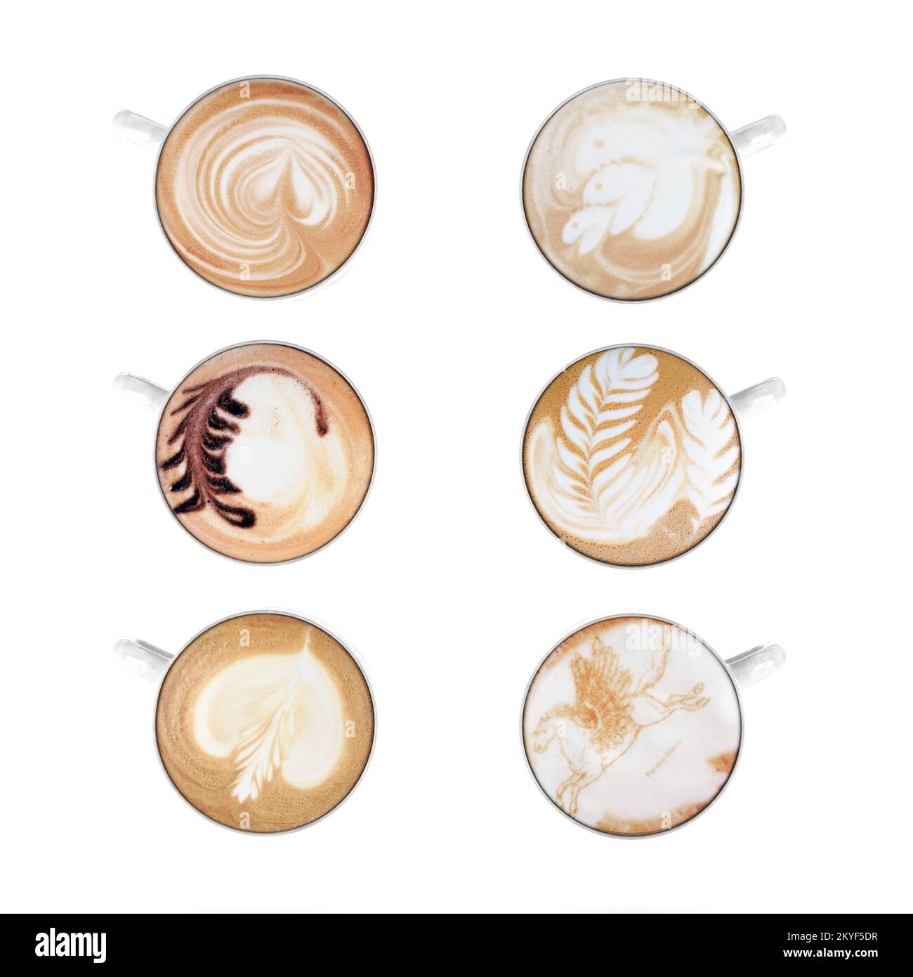 Set of coffee cups isolated on white background, top view. Latte art coffee decoration face Stock Photo