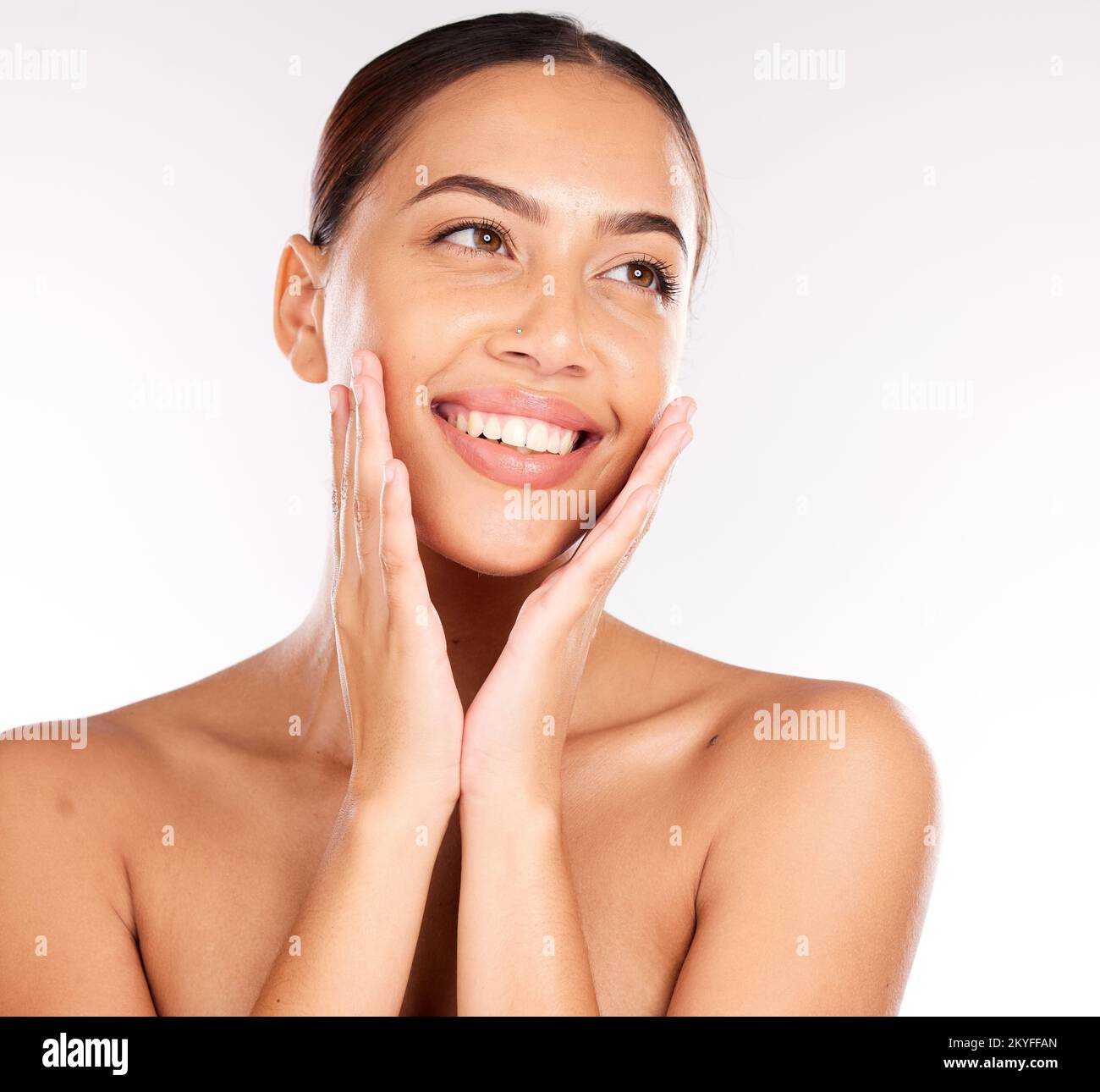 Woman, face glow and skincare grooming on white background in studio
