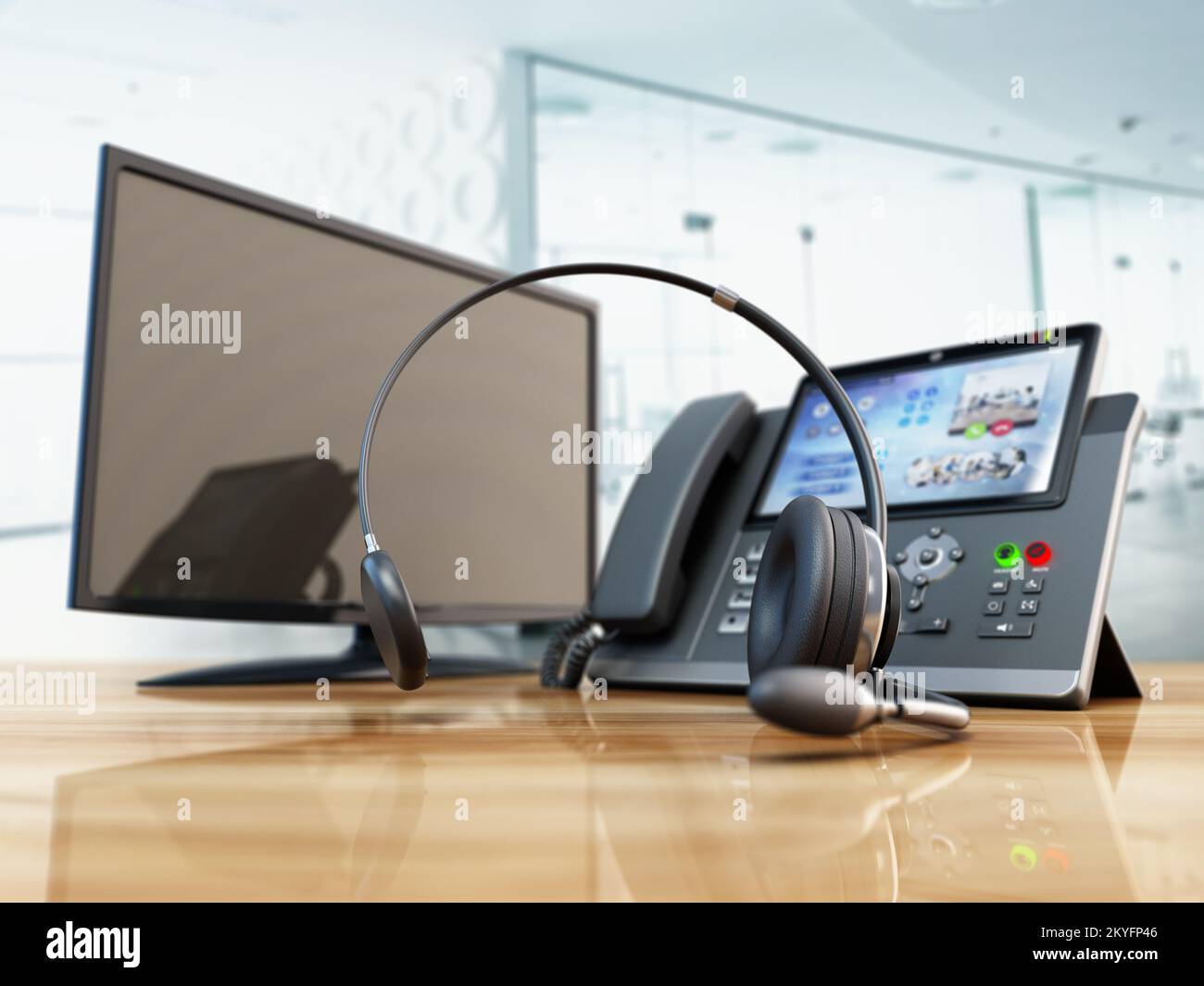 Modern VoIP phone and headset standing on wooden office table. Call ...