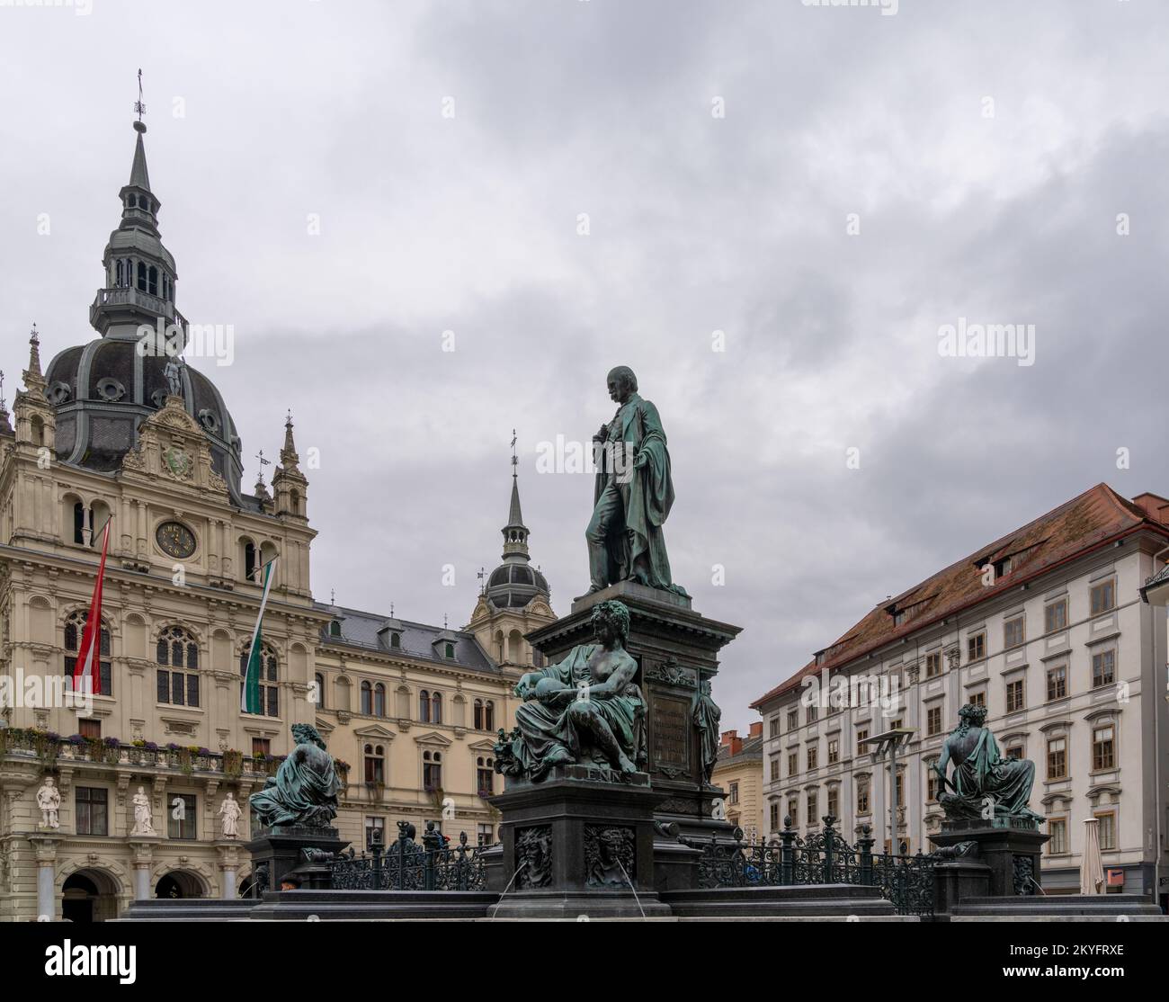 Graz, Austria - 9 October, 2022: the Archduke Johann fountain and city ...