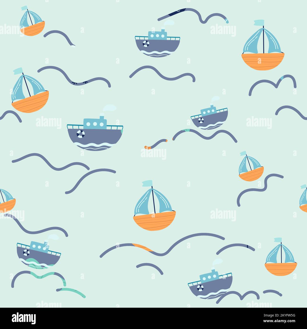 Marine seamless pattern with cartoon boats on blue background Stock ...