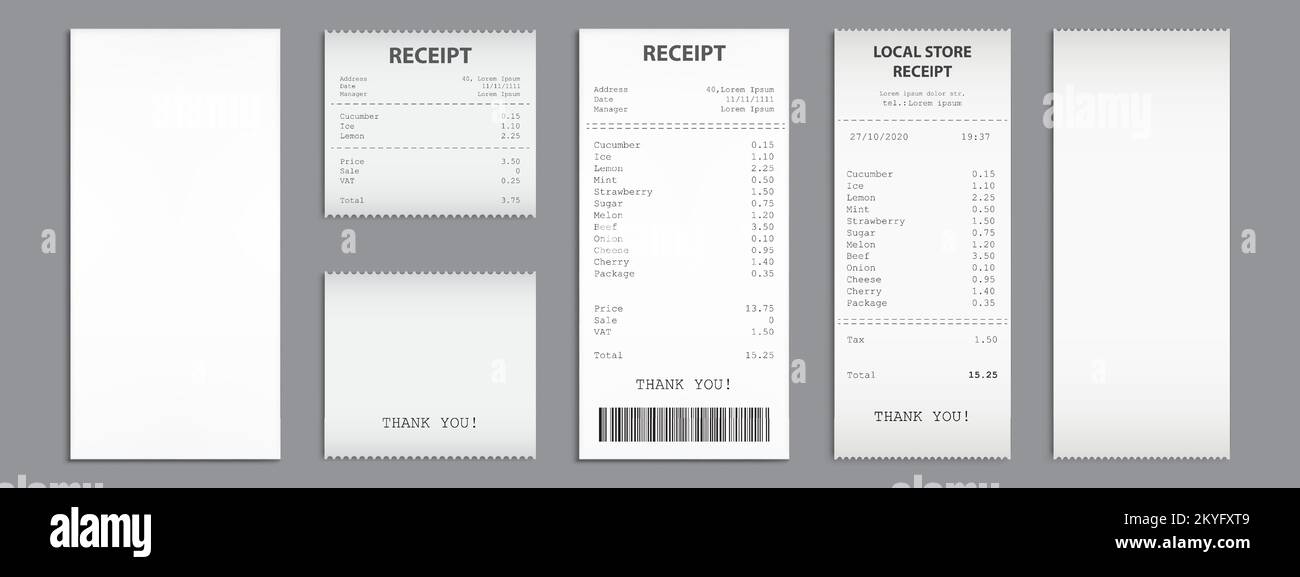 Cash receipt on clipboard, purchase bill invoice, supermarket shopping retail sum check and total cost store sale payment, empty and filled blank isolated on grey background. Realistic 3d vector set Stock Vector