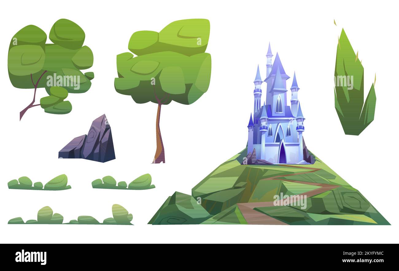 Magic blue castle and landscape elements isolated on white background. Vector cartoon set of fantasy royal palace with towers on hill with road, green trees, bushes and stones Stock Vector