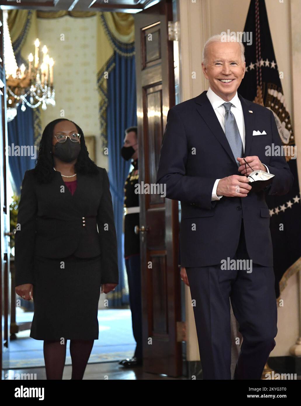 Washington, United States. 25th Feb, 2022. President Joe Biden (R) escorts Judge Ketanji Brown Jackson, his nominee for the Supreme Court, to announce his decision, on Friday, February 25, 2022, at the White House, Washington, DC. If confirmed, Jackson would be the first Black woman to serve on the high court. Photo by Mike Theiler/UPI Credit: UPI/Alamy Live News Stock Photo