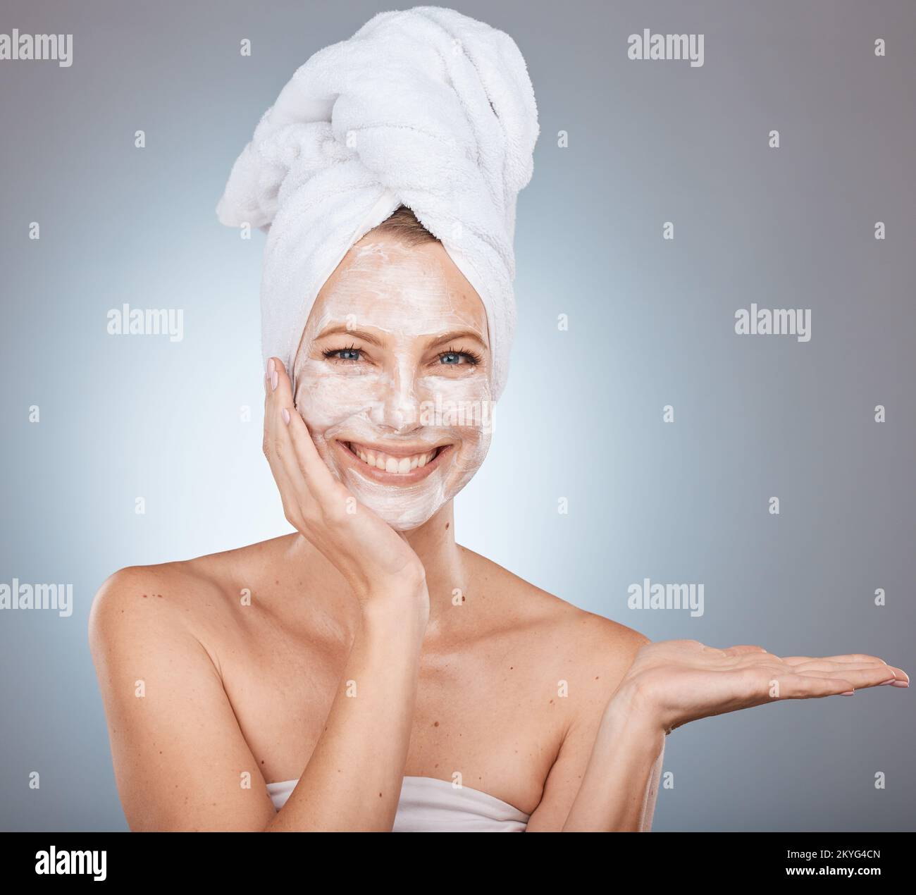 Woman portrait and face mask after a shower for skincare, beauty and