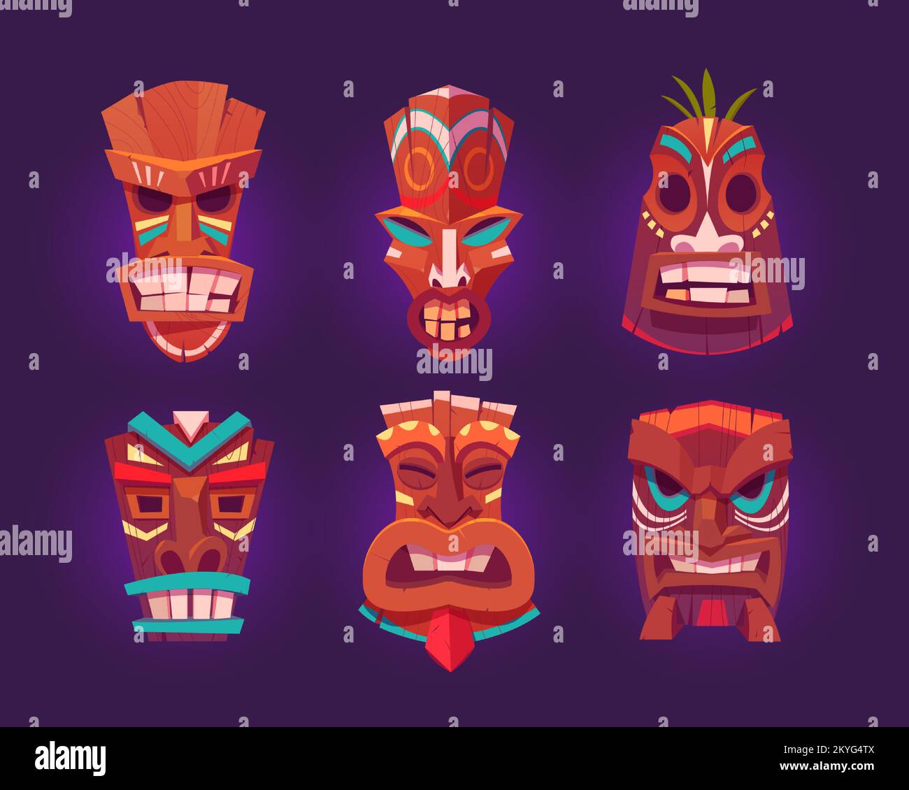 Tiki masks, wooden hawaiian tribal totem with god face. Vector cartoon set of polynesian traditional statues, ancient wood tikki masks isolated on purple background Stock Vector