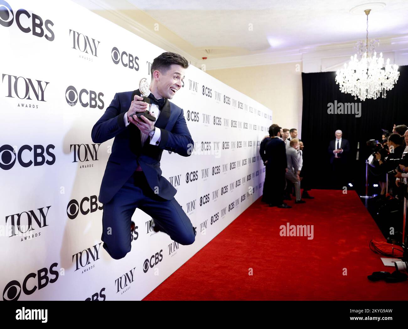New York, United States. 12th June, 2022. Matt Doyle jumps when he arrives in the press room with a Tony Award at The 75th Annual Tony Awards at Radio City Music Hall on June 12, 2022, in New York City. Photo by John Angelillo/UPI Credit: UPI/Alamy Live News Stock Photo