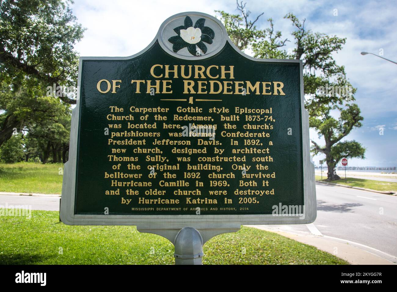 Biloxi, MS, May 27, 2015 - Historical marker for Church of the Redeemer, Biloxi, Mississippi. Hurricane Katrina destroyed numerous historical markers along the Gulf Coast in 2005. Many of these historical markers have been restored with funding from FEMA Public Assistance (PA) as art of the Secondary Programmatic Agreement (2PA) among FEMA, the State of Mississippi, and the Mississippi Band of Choctaw Indians. Stock Photo